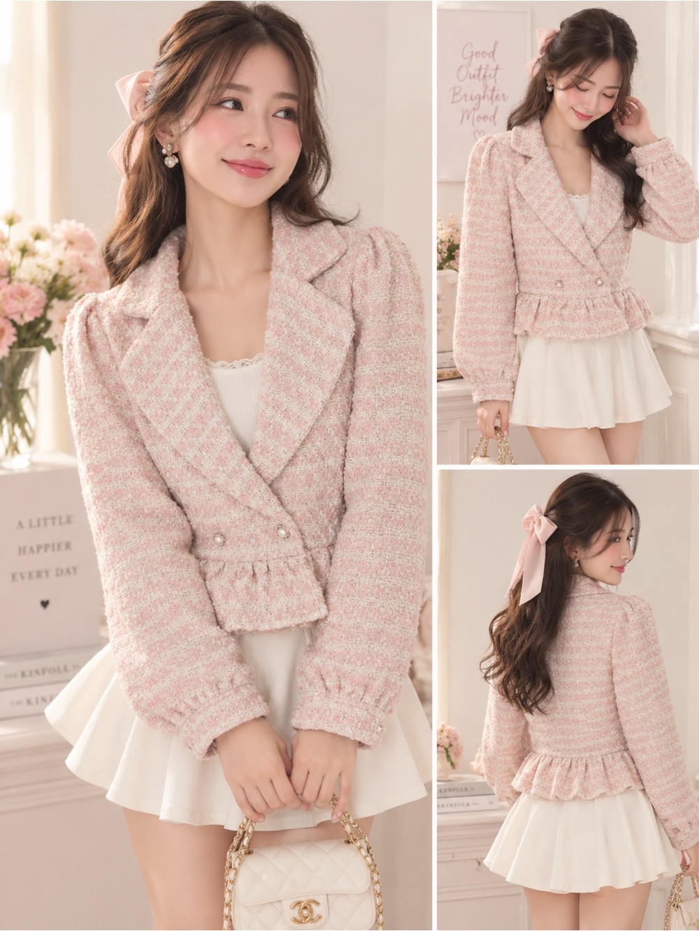 Storia Pink Ivory Tweed Peplum Blazer Jacket Pearl Buttons Size L